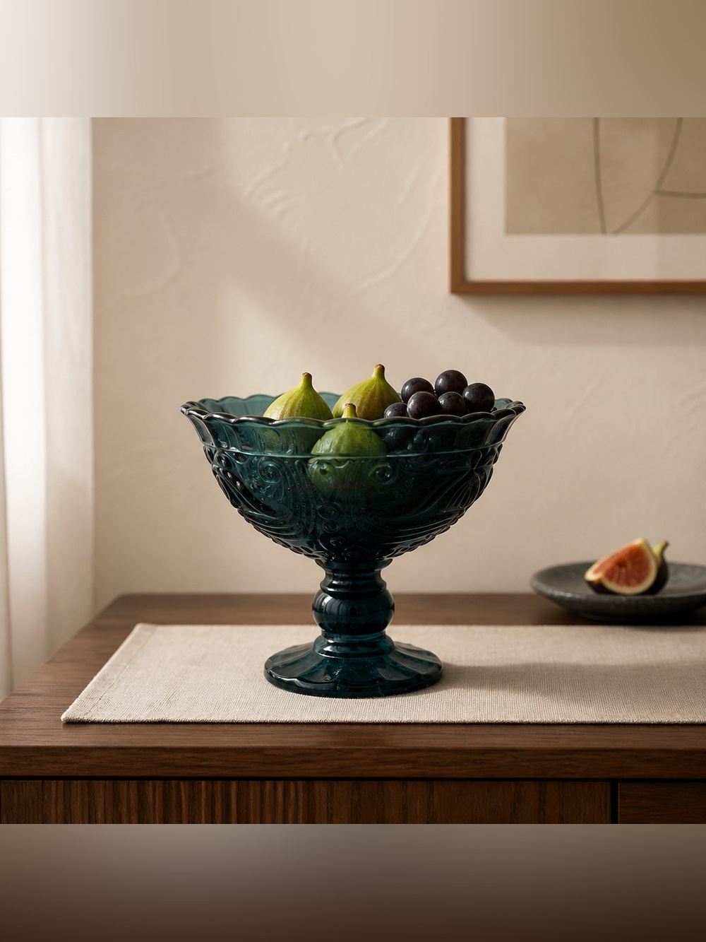 L.E. Smith blue glass pedestal bowl with scalloped rim and embossed design